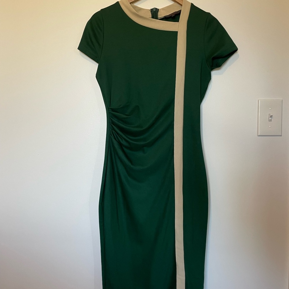 Green jersey dress with cream detail. Size medium.